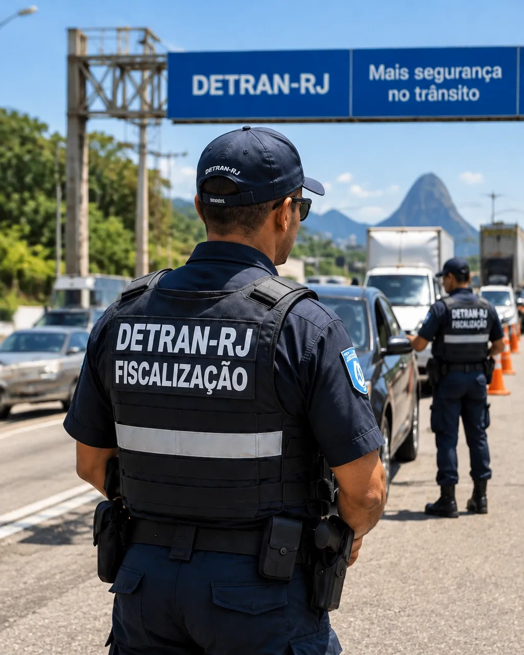 Agentes de fiscalização do DETRAN-RJ em um posto de controle de trânsito